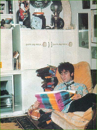 1: John Lennon reads one of the underground papers in the privacy of his sunroom at Kenwood. Reportedly this is where John spent most of his free time when relaxing at home (when he wasn’t upstairs in his recording studio. Note on the cupboard behind him two bumper stickers for Captain Beefheart’s Safe As Milk LP.