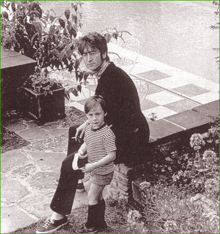 5: John Lennon sits with his young son, Julian, near the swimming pool at his home in Kenwood. Even at this early age, it was obvious that Julian had inherited his father’s striking good looks. This photo session took place in 1966.